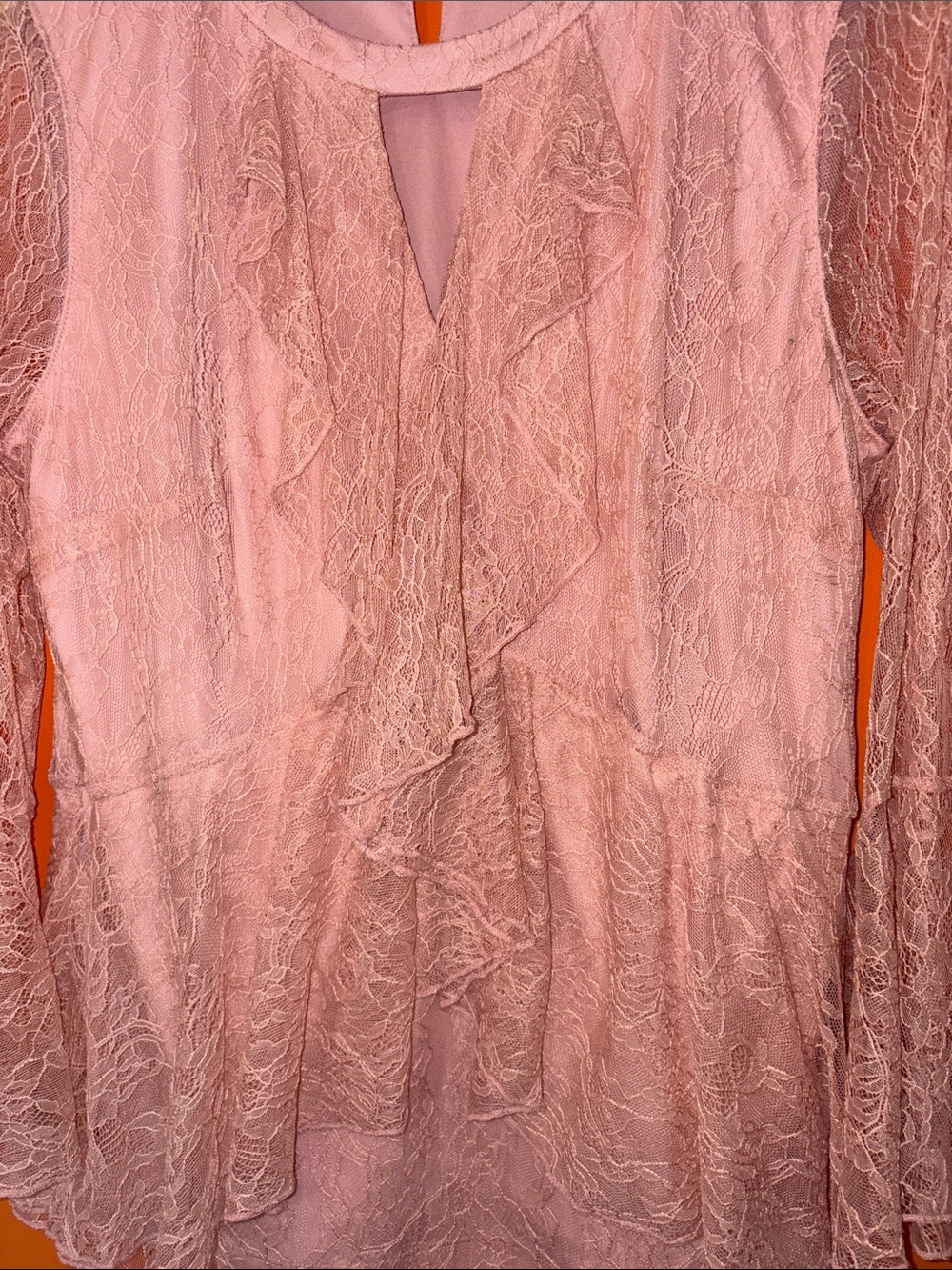 Isaac Mizrahi Live  Dusty Pink Lace Ruffle Blouse Woman’s Size 10 Poets Sleeve - Picture 17 of 17